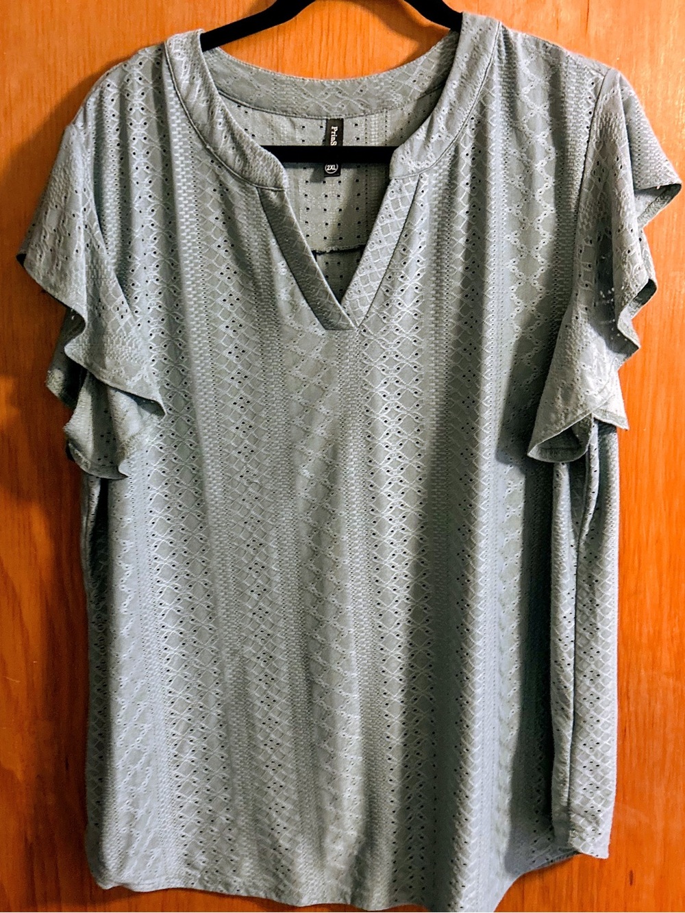 Eyelet Flutter Sleeve V-Neck Top in Sage Green